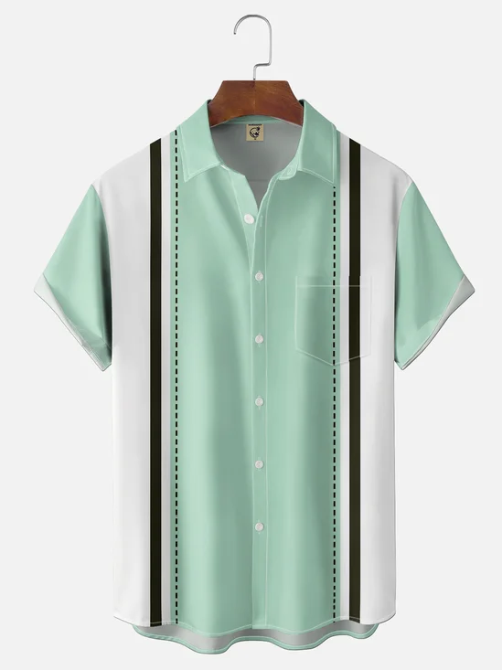 Moisture-Wicking Geometric Color-Block Chest Pocket Bowling Shirt