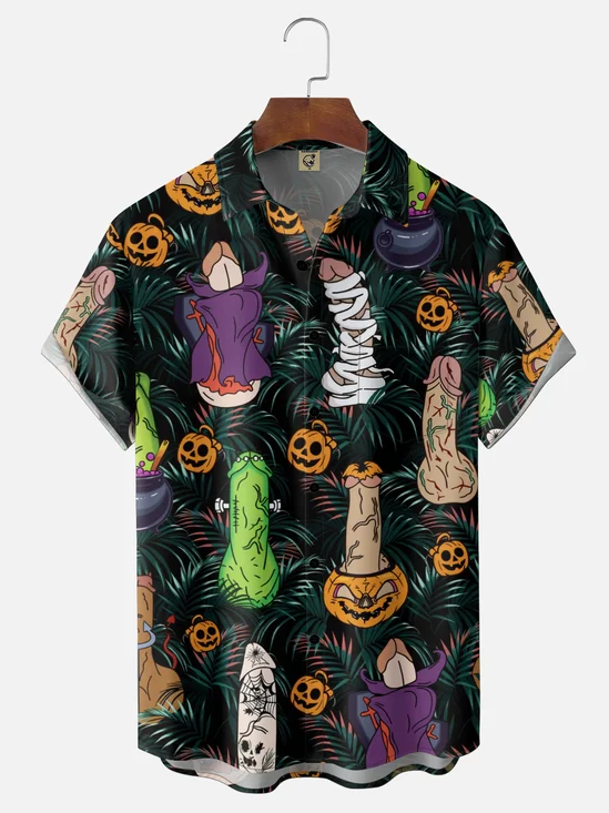 Moisture-Wicking Halloween Phallic Pumpkin Leaf Print Chest Pocket Hawaiian Shirt
