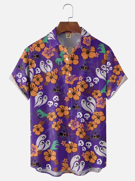 Moisture-Wicking Neon Halloween Ghost Floral Hat & Skull Print Chest Pocket  Hawaiian Shirt