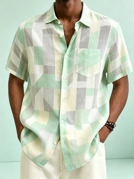 Linen-Texture  Abstract Gradient Geometric Color Blocks  Chest Pocket Casual Shirt