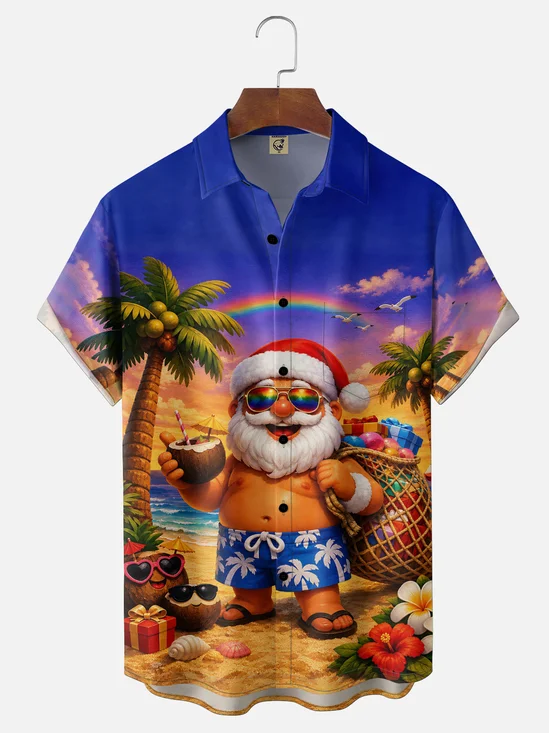 Moisture-Wicking Santa Beach Party  Chest Pocket Hawaiian Shirt