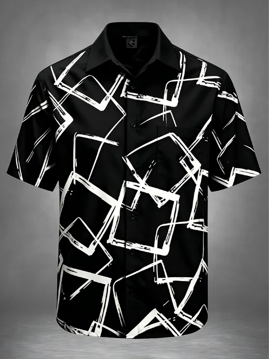 Moisture-Wicking Geometric Abstraction Chest Pocket Hawaiian Shirt