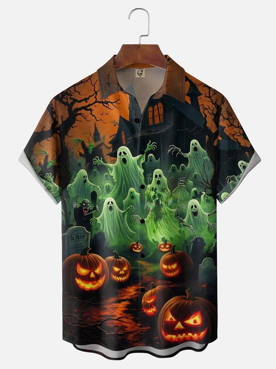 Moisture-Wicking Halloween Castle Pumpkin and Ghost Chest Pocket Hawaiian Shirt