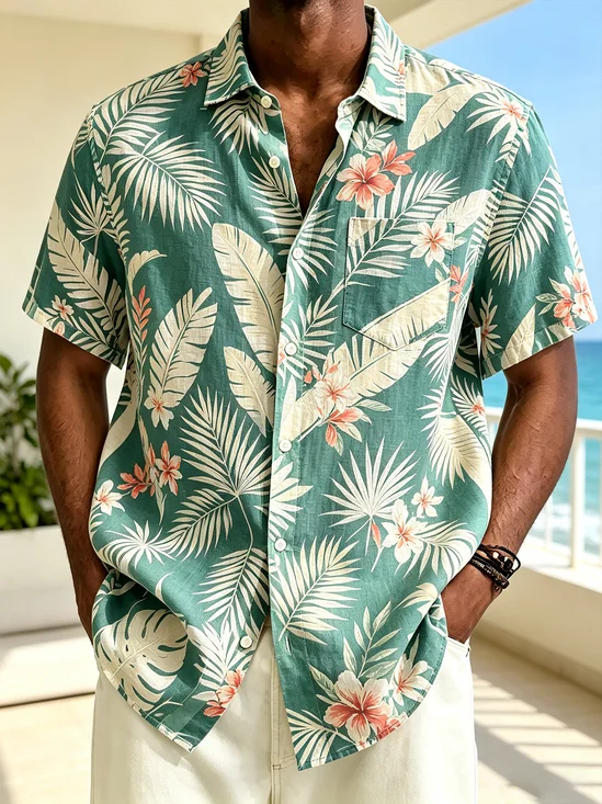 Linen-Texture Tropical Floral Chest-Pocket Casual Shirt