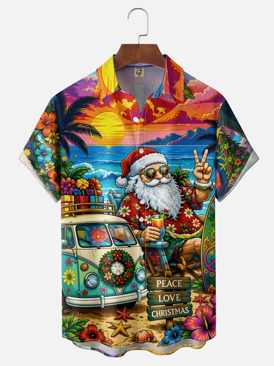 Moisture-Wicking Christmas Santa Peace Beach Party  Chest Pocket Hawaiian Shirt