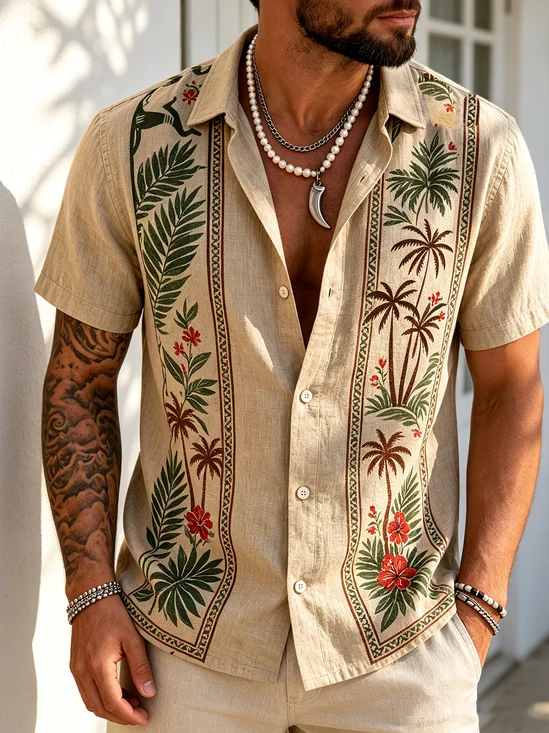 Linen-Texture Striped Botanical Print Casual Shirt