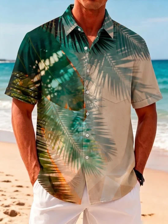Linen-Texture Tropical Print Chest Pocket  Casual Shirt