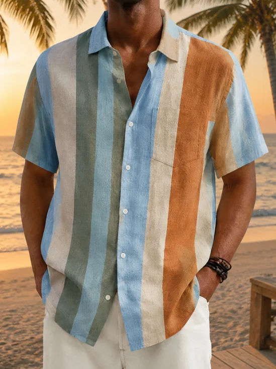 Linen-Texture Abstract Geometric Stripe Chest Pocket Casual Shirt