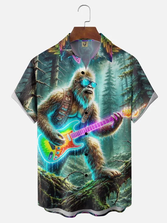 Moisture-Wicking Fun "Rocking Bigfoot in the Forest" Chest Pocket Hawaiian Shirt