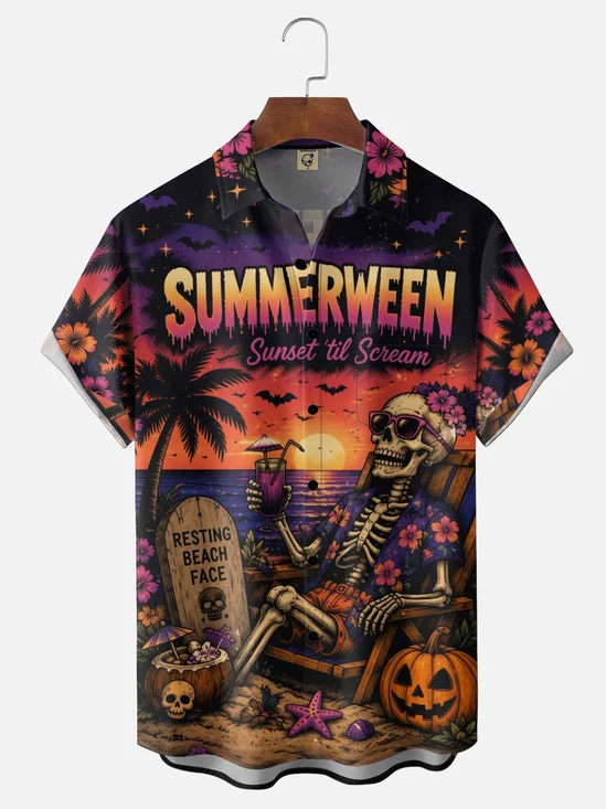 Moisture-Wicking Halloween Pumpkin & Skull Beach Party  Chest Pocket Hawaiian Shirt