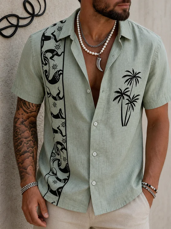Linen-Texture  Featuring Ethnic Patterns Stripes Coconut Tree Motifs Casual Shirt