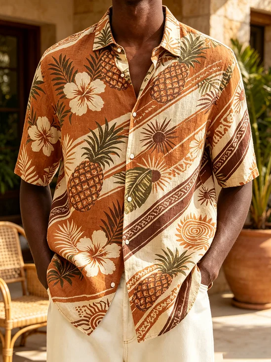 Linen-Texture Tropical Stripe Botanical Pineapple Print Casual Shirt