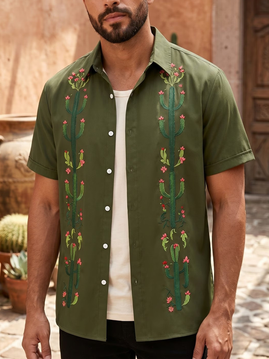 Linen-Texture Striped Cactus Casual  Guayabera Shirt