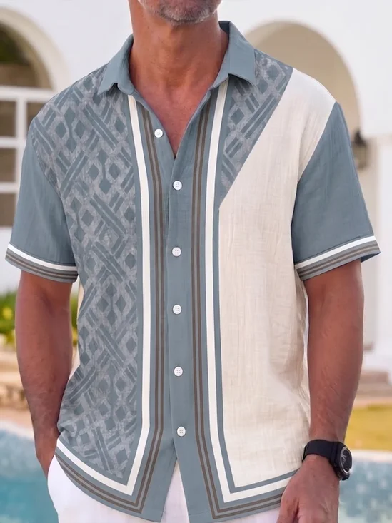 Linen-Texture Abstract Geometric Color-Block Casual Shirt