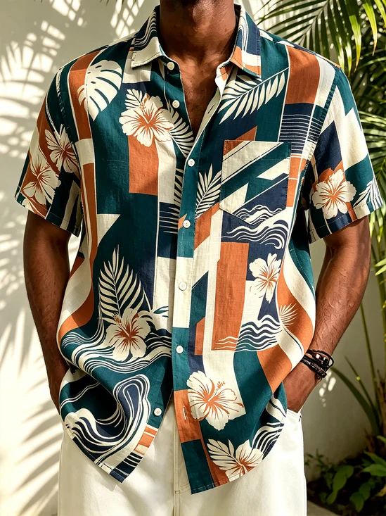 Linen-Texture Abstract Geometric Floral Print  Chest Pocket Casual Shirt