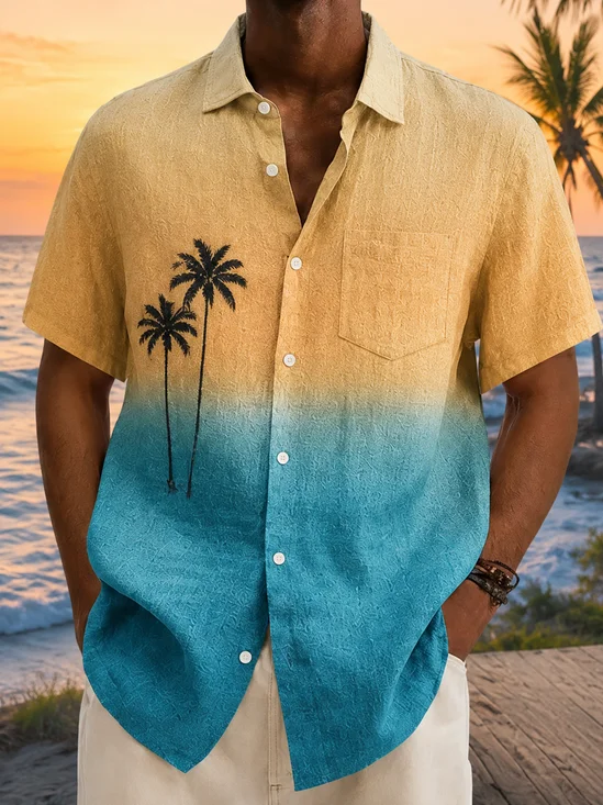 Linen-Texture Gradient Coconut Tree Chest Pocket Casual Shirt