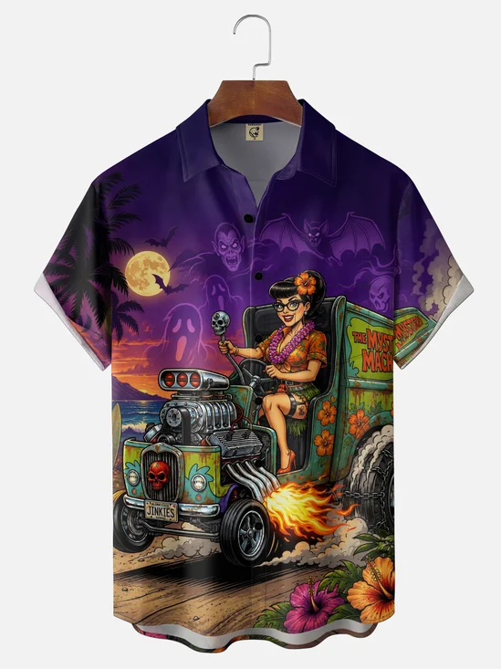 Moisture-Wicking Halloween Pumpkin & Ghost Pin-Up Girl  Chest Pocket Hawaiian Shirt