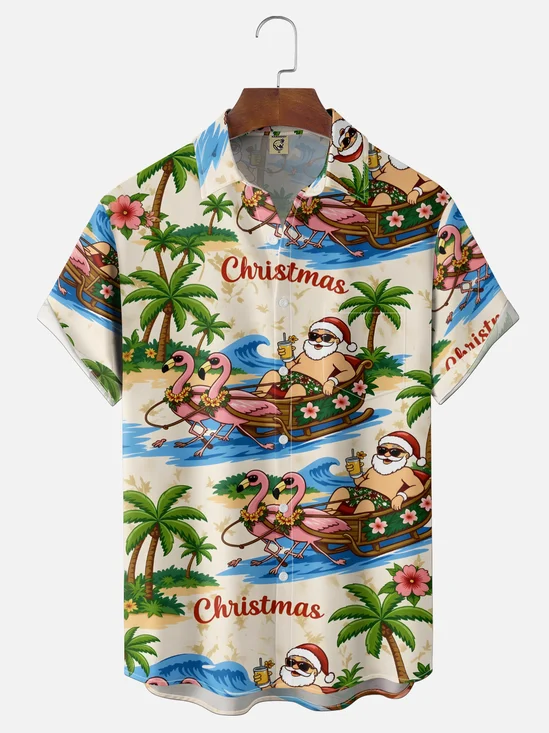 Moisture-Wicking Tropical Floral & Santa Christmas Print Chest Pocket Hawaiian Shirt