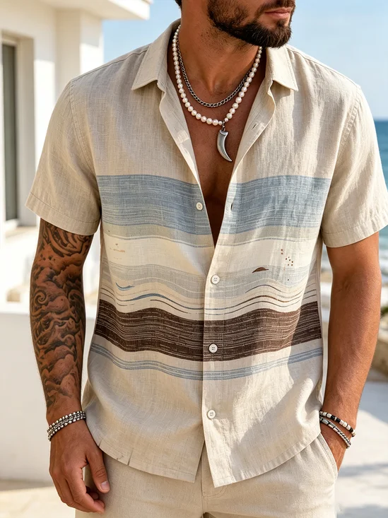 Linen-Texture Geometric Stripe Chest Pocket Casual Shirt