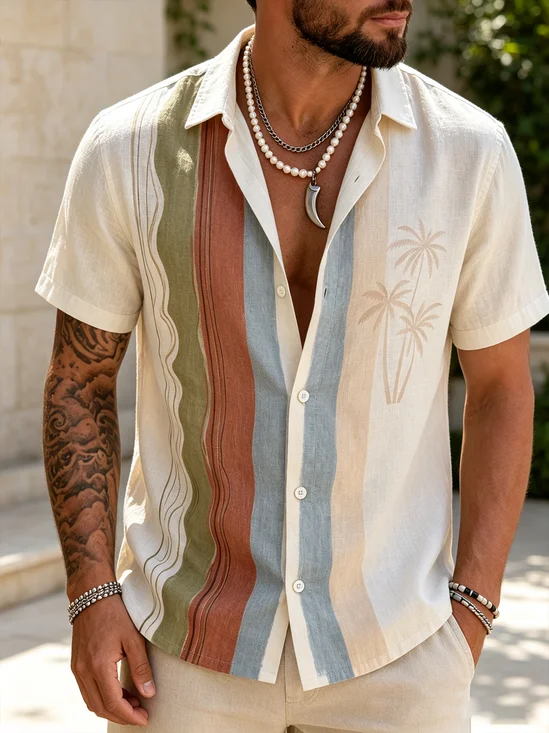 Linen-Texture Geometric Stripe  Coconut Tree  Casual Shirt