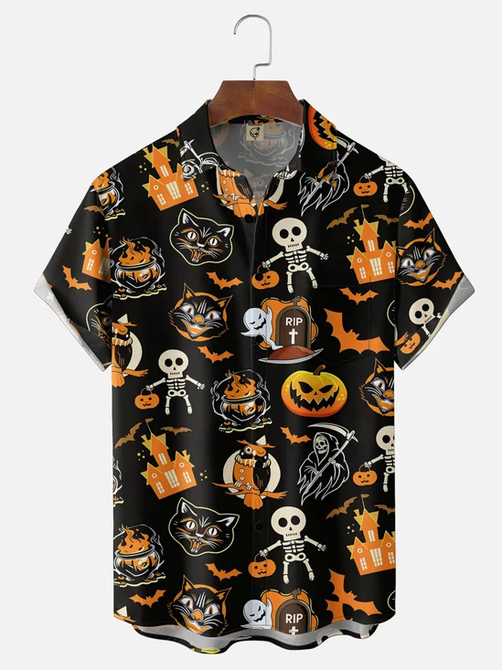 Moisture-Wicking Halloween Pumpkin Ghost Skull Cat Print Chest-Pocket Hawaiian Shirt