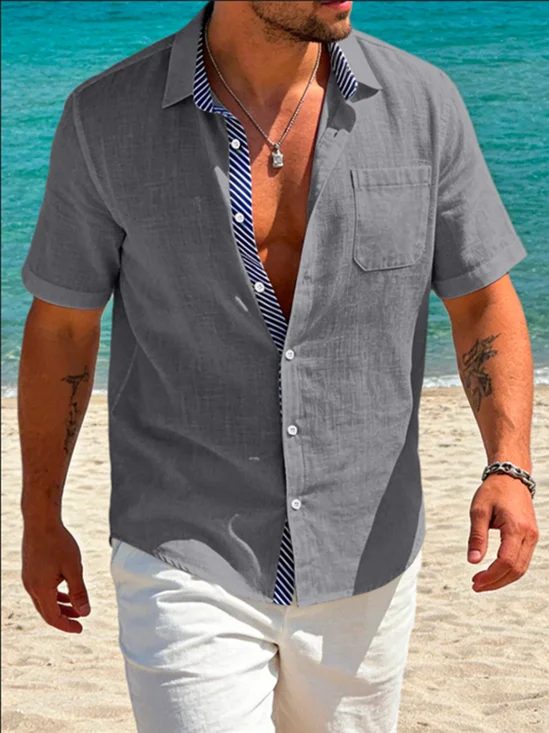 Linen-Texture  Solid-Stripe Color-Blocking and Chest Pocket Casual Shirt