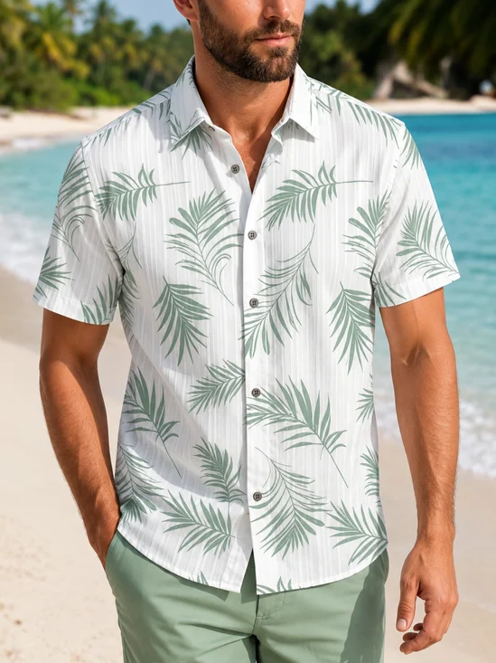 Linen-Texture  、Tropical Leaf Casual Shirt
