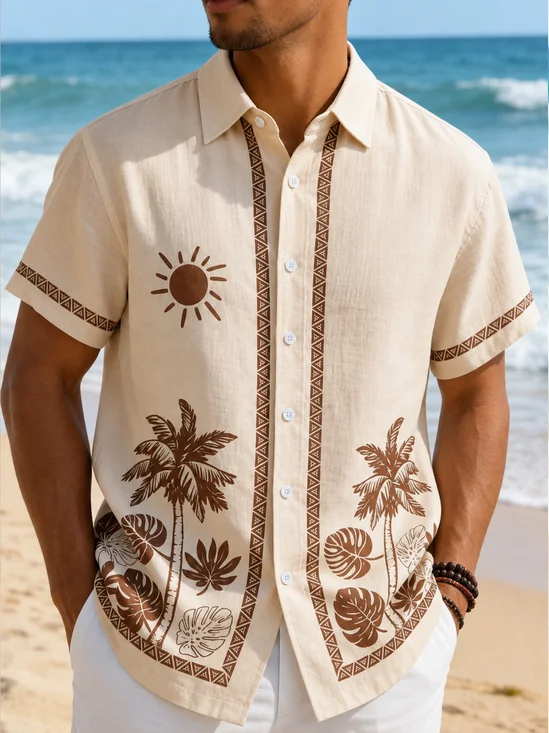 Linen-Texture Tropical Floral & Coconut Tree Print Casual Shirt