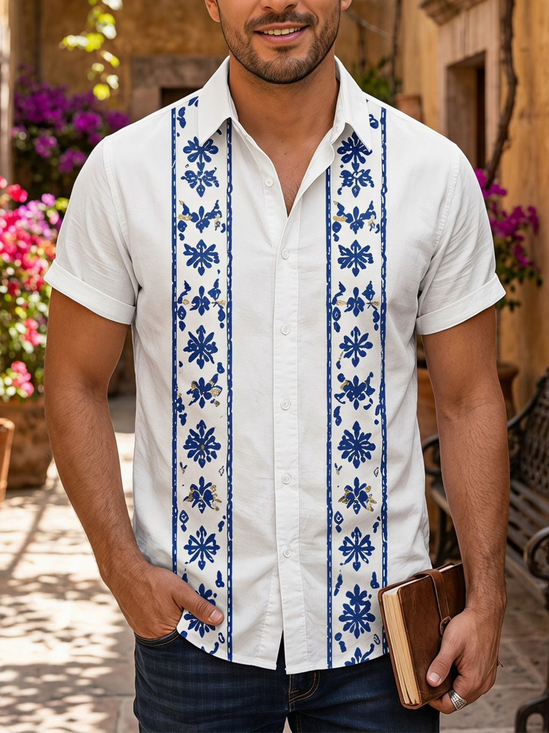 Linen-Texture Striped Botanical Print Casual  Guayabera Shirt