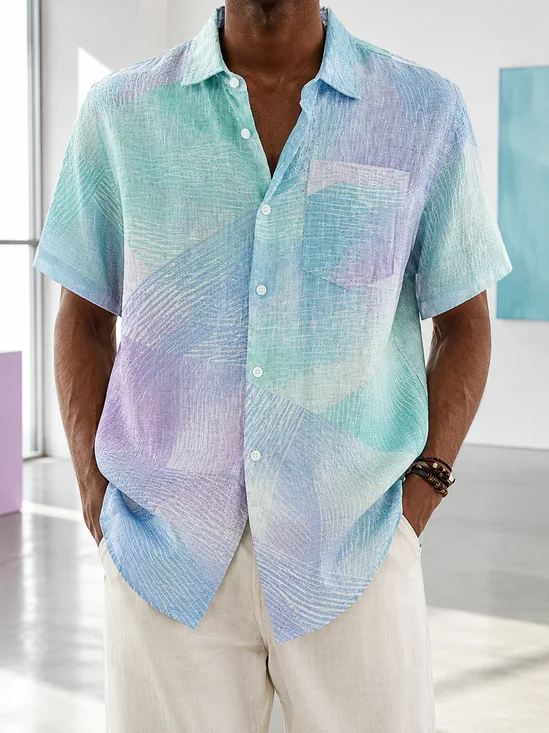 Linen-Texture Abstract Gradient Color-Block  Chest Pocket Casual Shirt