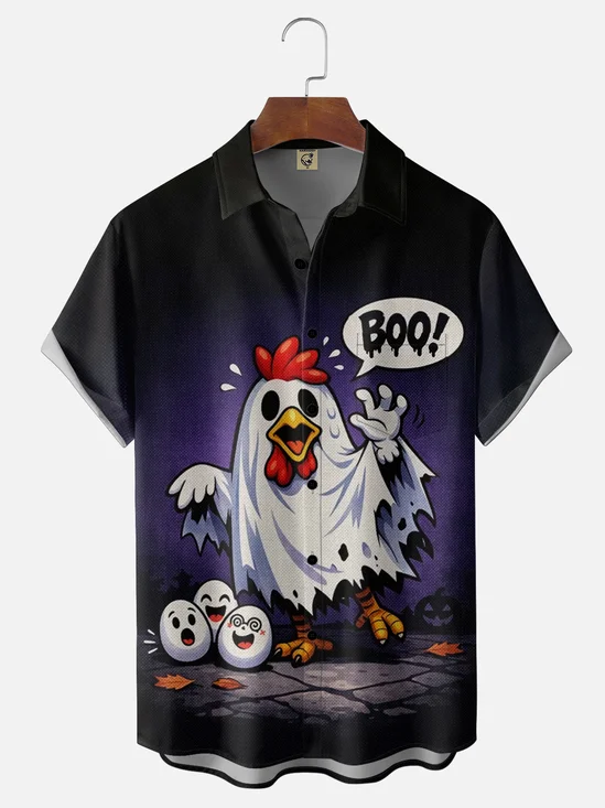 Moisture-Wicking Fun Halloween Ghost-Chicken Chest Pocket Hawaiian Shirt