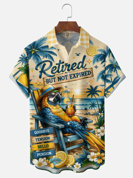Moisture-Wicking Tropical "Retired Pirate Vacationing Parrot" Slogan Chest Pocket Hawaiian Shirt