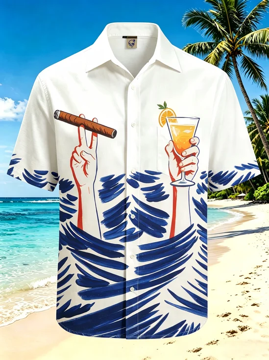 Moisture-Wicking American Vintage Hand-Drawn Hand Cigar Cocktail Print Chest Pocket Hawaiian Shirt