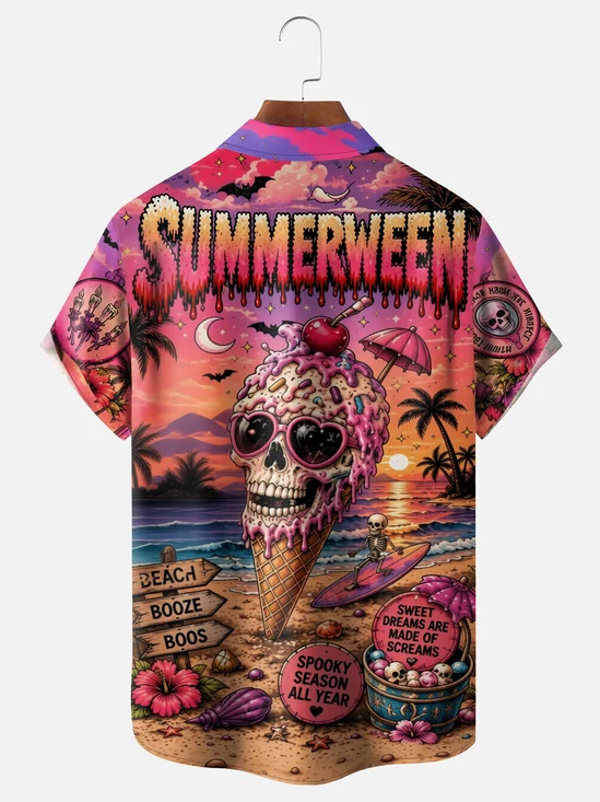 Moisture-Wicking Halloween Pumpkin & Skull Ice Cream Cone Beach Party  Chest Pocket Hawaiian Shirt