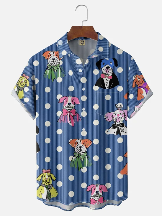 Moisture-Wicking Abstract Polka-Dot and Stripe Dog Print  Chest Pocket Hawaiian Shirt