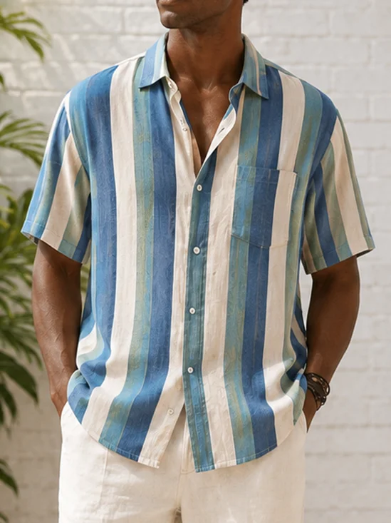 Linen-Texture Geometric Stripe Chest Pocket Casual Shirt