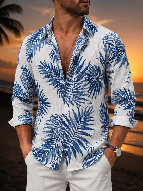 Linen-Texture Tropical Foliage and Floral Print Long-Sleeve Casual Shirt