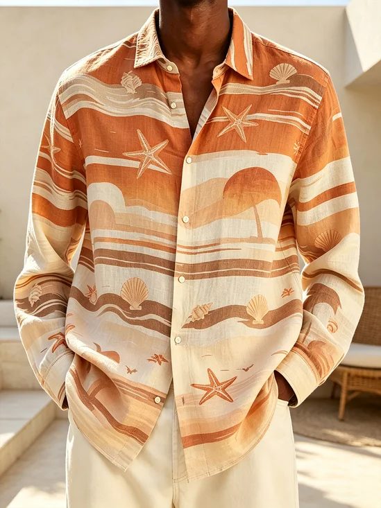Linen-Texture Striped  Nautical Starfish & Seashell Print Casual Long-Sleeve Shirt