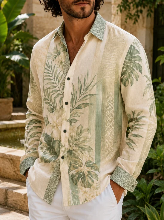 Linen-Texture  Tropical Foliage and Floral Print Long-Sleeve Casual Shirt