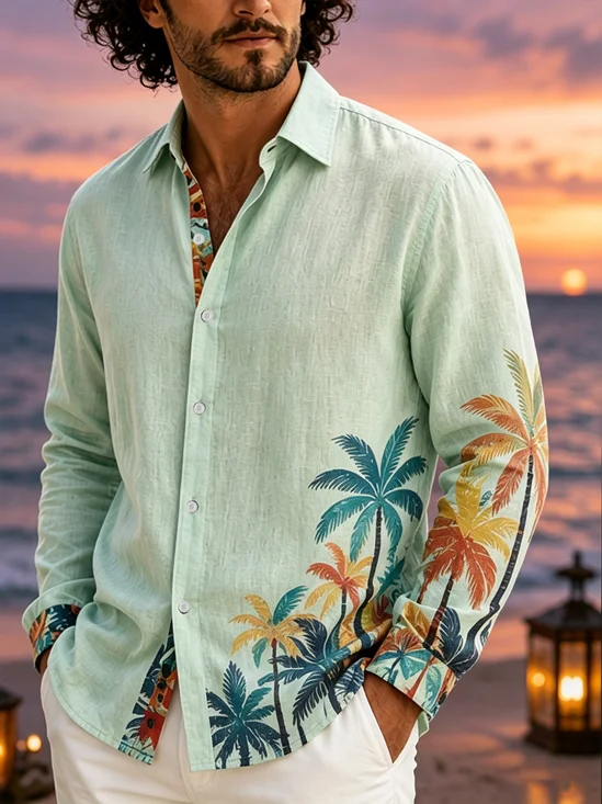 Linen-Texture Tropical Coconut Tree Long-Sleeve Casual Shirt