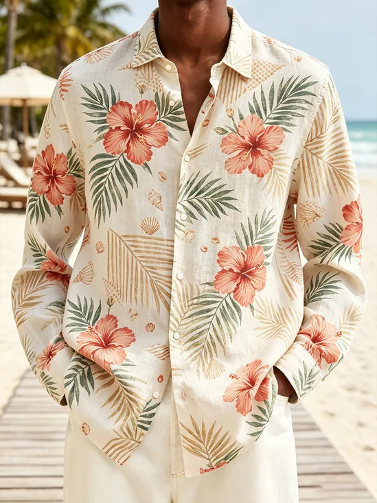 Linen-Texture  Tropical Foliage and Floral Print Long-Sleeve Casual Shirt