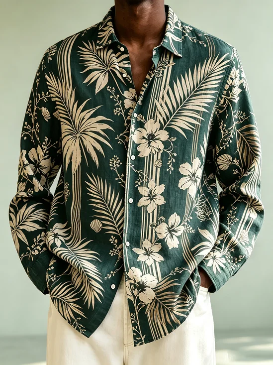 Linen-Texture Striped Tropical Leaf & Floral Print Long-Sleeve Casual Shirt