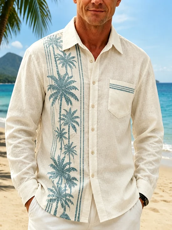Linen-Texture Striped Coconut Tree  Chest Pocket Long-Sleeve Casual Shirt