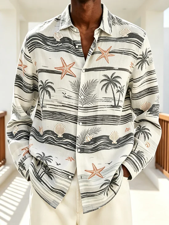 Linen-Texture Striped  Featuring Tropical Foliage Floral and Coconut Tree Prints Long-Sleeve Casual Shirt
