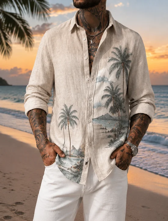 Linen-Texture  Tropical Foliage Floral Coconut Tree Print Long-Sleeve Casual Shirt