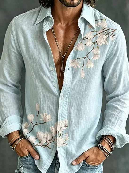 Linen-Texture  Vintage Floral Casual Long Sleeve Shirt