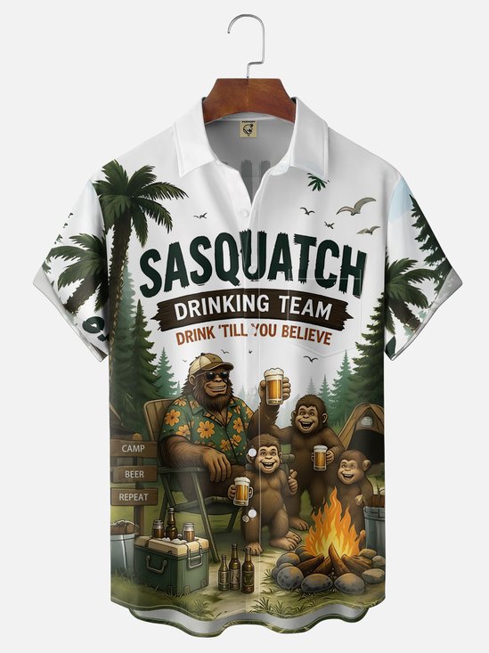 Moisture-Wicking "Camping Bigfoot" Beer Slogan Chest-Pocket Hawaiian Shirt