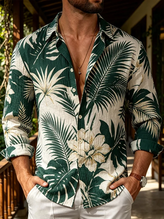 Linen-Texture Tropical Leaf and Floral Long-Sleeve Casual Shirt