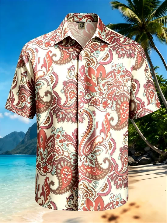 Moisture-Wicking Paisley Pattern Ethnic Patterns Chest Pocket Holiday Hawaiian Shirt