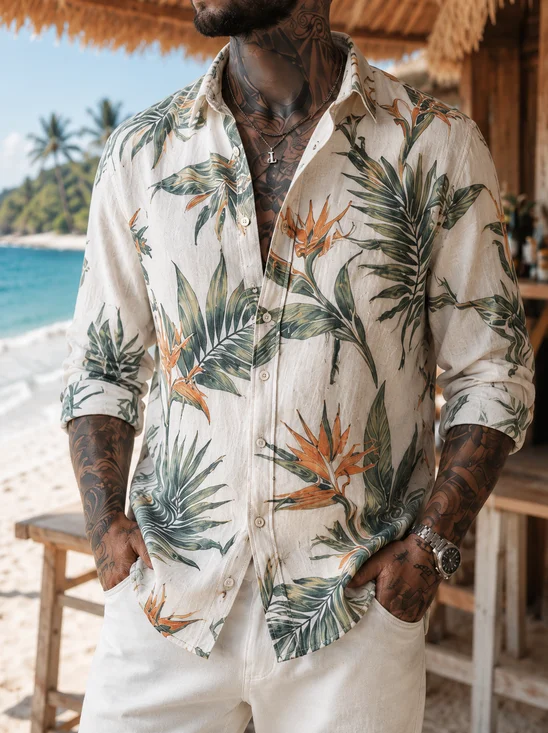 Linen-Texture Tropical Leaf and Floral Long-Sleeve Casual Shirt